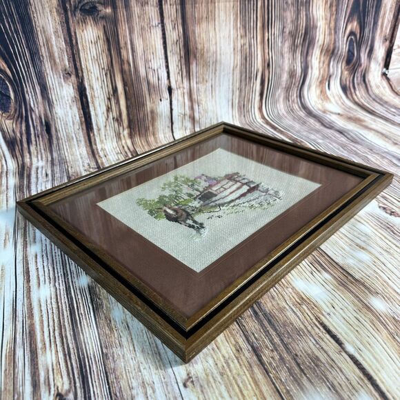 Vintage Cross Stitch Horse Ferry Boat Trees Water Complete Framed Finished 15x12 - Picture 4 of 11